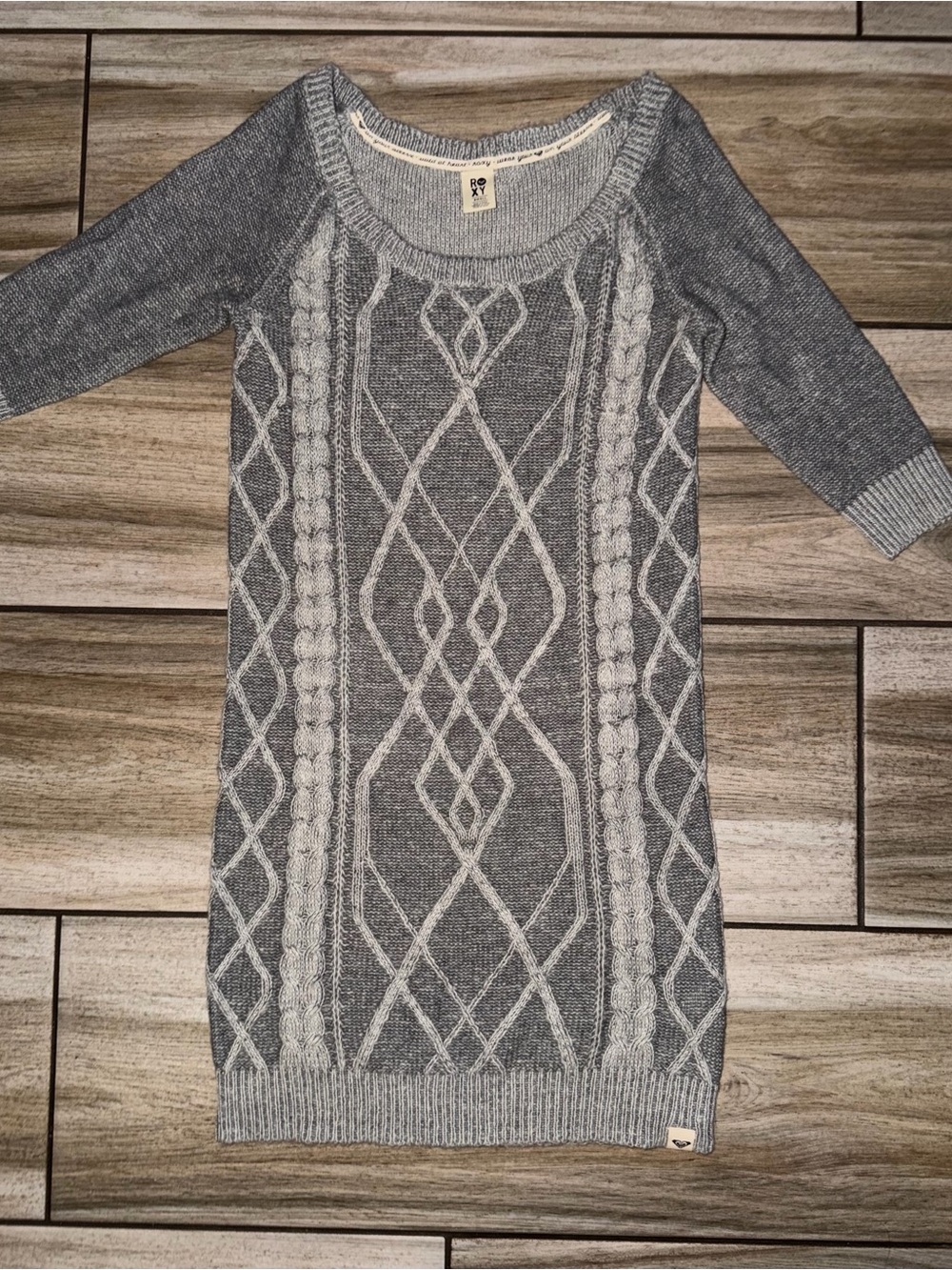 Roxy Gray Cable-Knit Scoop-Neck Sweater Dress